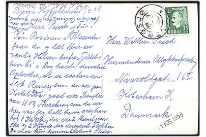 25 øre Haakon på brevkort (Bergsjø Høyfjellshotel) dateret d. 8.3.1958 og annulleret med kronet/posthorn stempel BERGSJØ til København, Danmark.