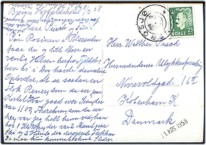 25 øre Haakon på brevkort (Bergsjø Høyfjellshotel) dateret d. 8.3.1958 og annulleret med kronet/posthorn stempel BERGSJØ til København, Danmark.