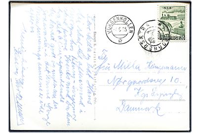 20 øre NSB jubilæum på postkort (Frognerseteren) annulleret med kronet/posthorn stempel FROGNERSÆTRA og sidestemplet Voksenkollen d. 7.6.1955 til Lyngby, Danmark.