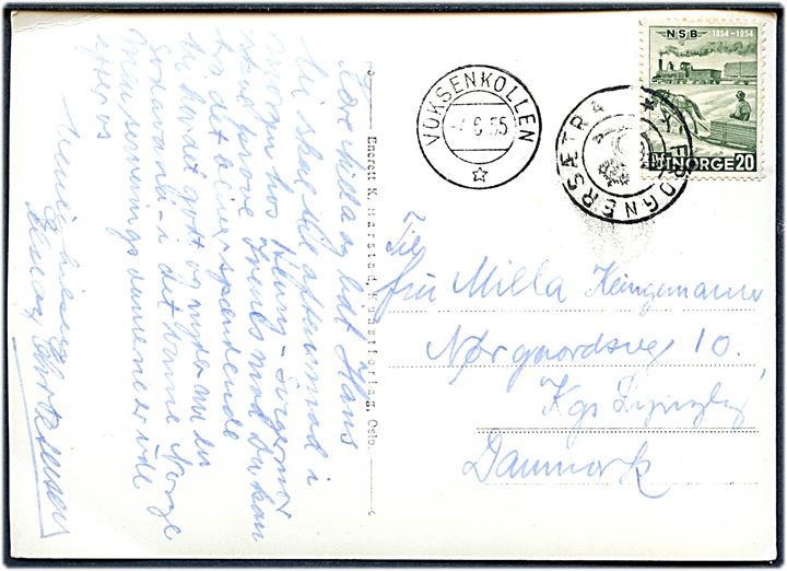 20 øre NSB jubilæum på postkort (Frognerseteren) annulleret med kronet/posthorn stempel FROGNERSÆTRA og sidestemplet Voksenkollen d. 7.6.1955 til Lyngby, Danmark.