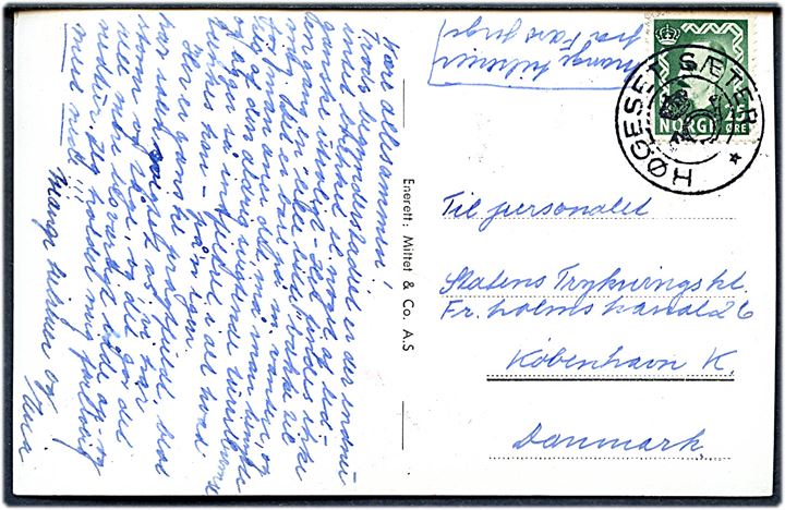 25 øre Haakon på brevkort (Høgeset Seter) annulleret med kronet/posthorn stempel HØGESET SÆTER til København, Danmark.