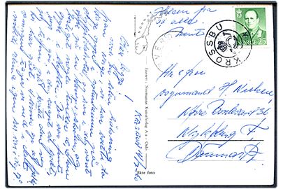 25 øre Olav på brevkort (Sognefjellveien Krossbu mot Smörstabtindene) dateret d. 14.7.1960 og annulleret med krone/posthorn stempel KROSSBU til Nykøbing F., Danmark. Svagt sidestempel.