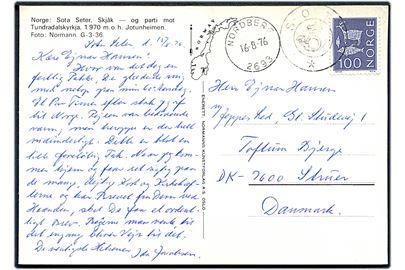 100 øre på brevkort (Sota Seter, Jotunheimen) annulleret med krone/posthorn stempel SOTA og sidestemplet Nordberg d. 16.8.1976 til Struer, Danmark.