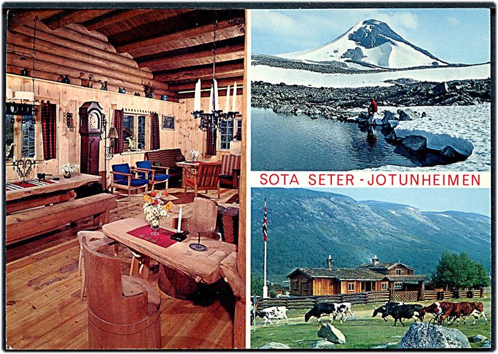 100 øre på brevkort (Sota Seter, Jotunheimen) annulleret med krone/posthorn stempel SOTA og sidestemplet Nordberg d. 16.8.1976 til Struer, Danmark.