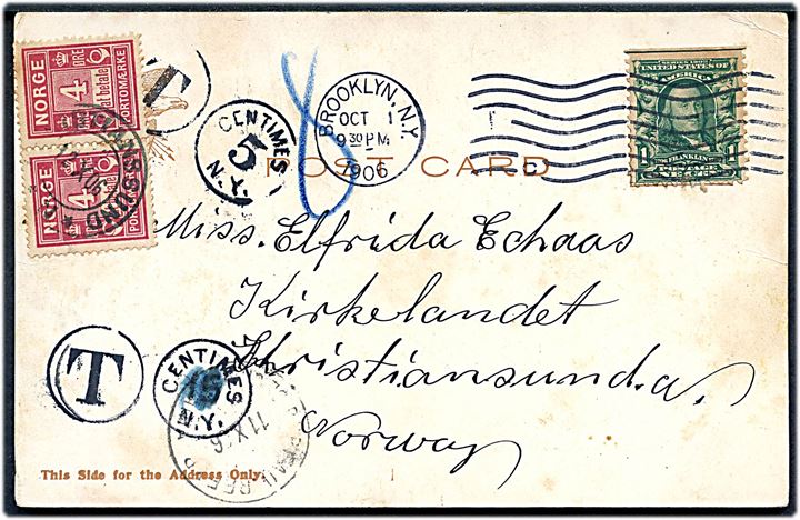 Amerikansk 1 cent Franklin på underfrankeret brevkort (Sightseen bus med kvinder) fra Brooklyn d. 1.10.1906 til Kristiansund, Norge. Udtakseret i porto med 4 øre Portomærke i parstykke stemplet Christiansund *N* d. 12.10.1906.