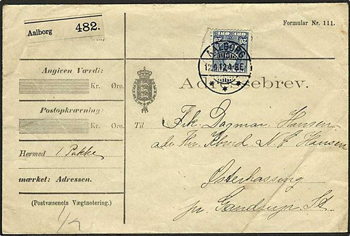 20 øre Fr. VIII single på adressebrev for pakke fra Aalborg d. 12.4.1912 via Grenaa til Gandrup St.