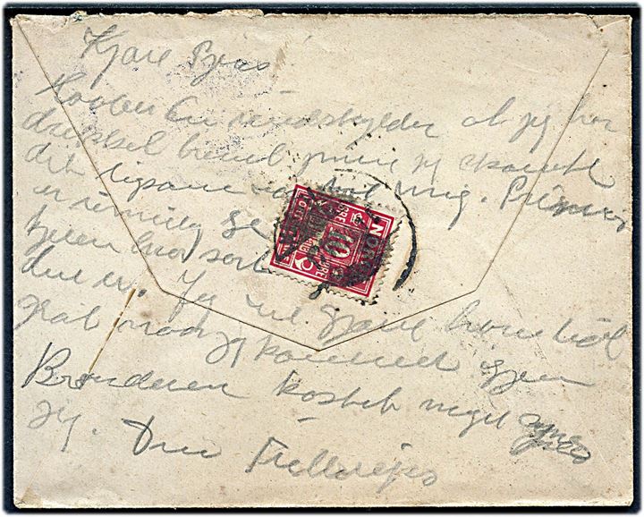 10 øre Chr. X på underfrankeret brev fra Nørager d. 15.7.1919 til Kristiania, Norge. Udtakseret i porto med 10 øre Portomærke på bagsiden stemplet Kristiania.