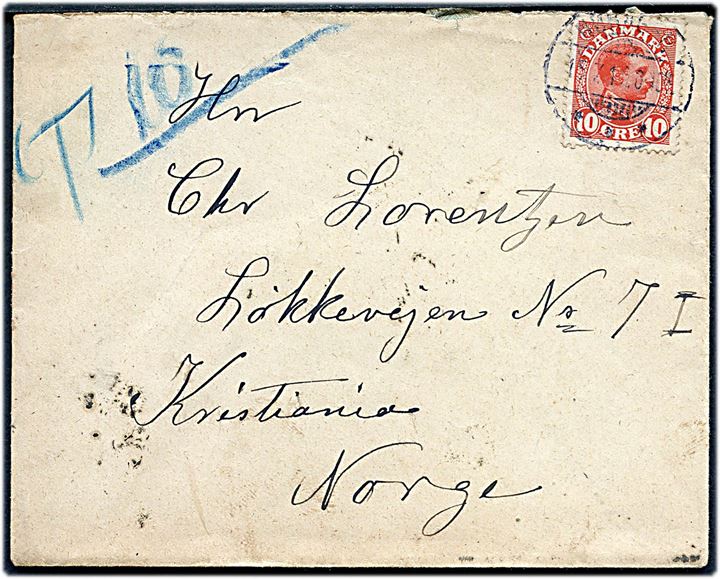 10 øre Chr. X på underfrankeret brev fra Nørager d. 15.7.1919 til Kristiania, Norge. Udtakseret i porto med 10 øre Portomærke på bagsiden stemplet Kristiania.