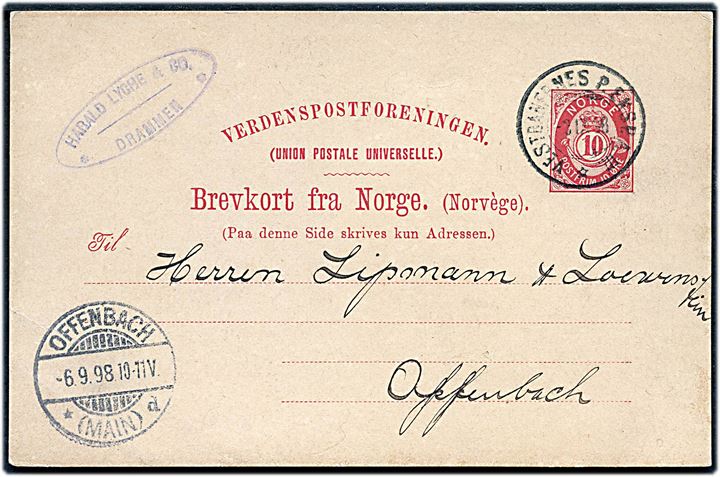 10 øre helsagsbrevkort fra Drammen annulleret med bureaustempel Vestbanernes P.Eksp. A III d. 2.9.1898 til Offenbach, Tyskland.