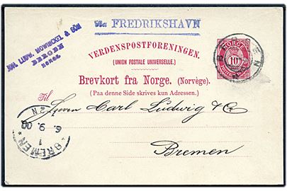 10 øre helsagsbrevkort fra Bergen d. 1.9.1900 til Bremen, Tyskland. Privat dirigeringsstempel via Frederikshavn.