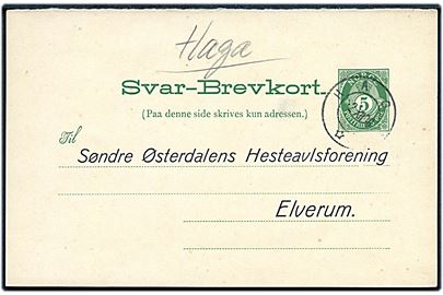 5 øre svardel af dobbelt helsagsbrevkort annulleret Haga d. 2.12.1908 til Elverum.