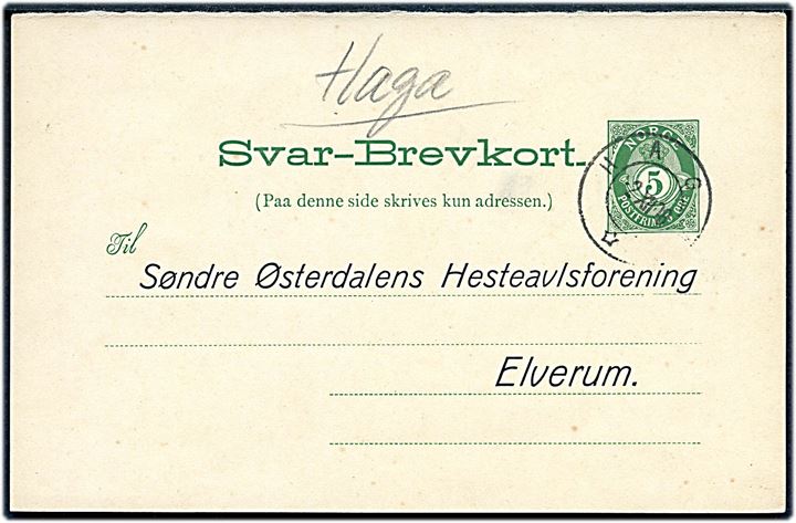 5 øre svardel af dobbelt helsagsbrevkort annulleret Haga d. 2.12.1908 til Elverum.