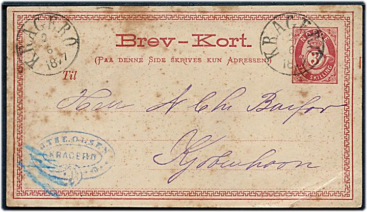 3 sk. helsagsbrevkort fra Kragerø d. 2.6.1877 til Kjøbenhavn, Danmark.