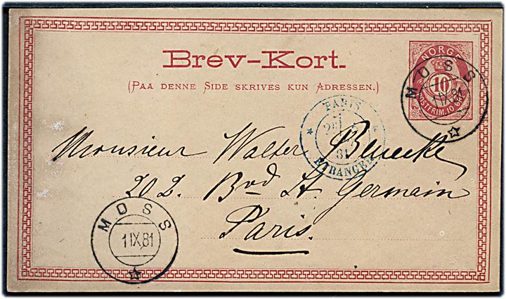 10 øre helsagsbrevkort fra Moss d. 1.9.1881 til Paris, Frankrig.