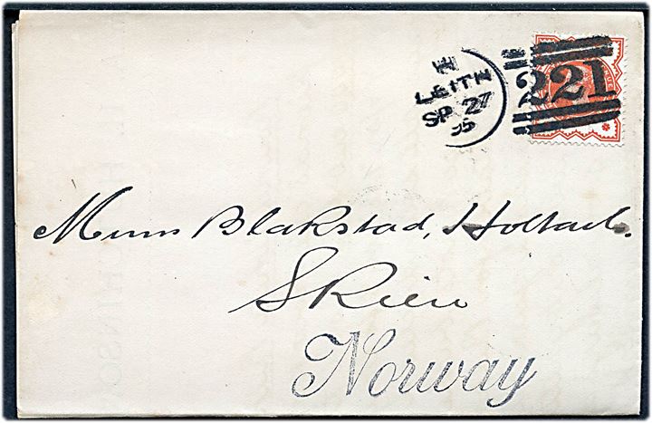 1d Victoria på brev annulleret med duplex Leith /221 d. 27.9.1895 til Skien, Norge.