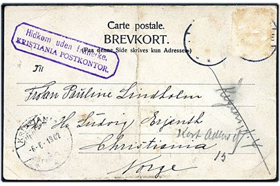 Brevkort fra Viborg 1902 til Christiania, Norge. Violet rammestempel: Hidkom uden frimerke. Kristiania Postkontor.. Ank.stemplet i Kristiania d. 6.6.1902. Lodret fold.