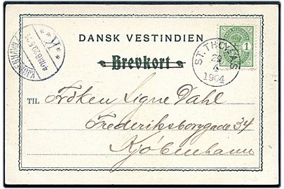 1 cent Våben på brevkort (Government House, St. Thomas) sendt som tryksag fra St. Thomas d. 29.4.1904 til Kjøbenhavn, Danmark.