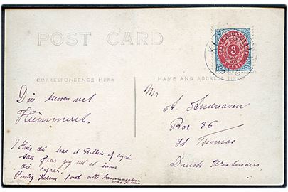 3 cents Tofarvet omv. rm. på brevkort (Portræt af M. F. Andersen) annulleret Kingshill d. 8.10.1905 til St. Thomas.