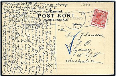 10 øre Chr. X på brevkort fra Kjøbenhavn d. 6.11.1915 til Sydney, N.S.W., Australien.