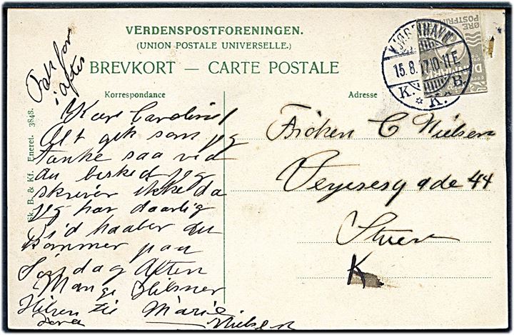 3 øre helsagsafklip brugt som frankering på lokalt brevkort i Kjøbenhavn d. 15.8.1907.