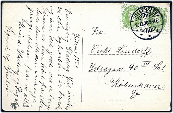 5 øre Chr. X 60 år i parstykke på brevkort annulleret med brotype Ia Hillerslev d. 23.12.1930 til København.