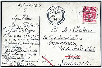 10 øre Bølgelinie på brevkort fra Nyborg d. 17.2.1914 til sømand ombord på 3-mastet skonnert Mercur af Troense c/o danske konsulat i Blyth, England - eftersendt til København, Danmark.