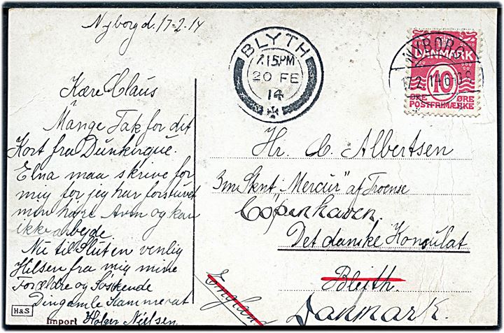 10 øre Bølgelinie på brevkort fra Nyborg d. 17.2.1914 til sømand ombord på 3-mastet skonnert Mercur af Troense c/o danske konsulat i Blyth, England - eftersendt til København, Danmark.