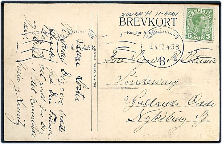 5 øre Chr. X med tyrdelig spor efter automatafskæring på brevkort (København, Banegården) annulleret Kjøbenhavn B. d. 6.4.1917 til Sjællands Odde pr. Nykjøbing Sj.