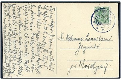 5 øre Chr. X på brevkort annulleret med brotype Ia stempel Oddesund n.S. d. 22.7.191? til Jegindø pr. Hvidbjerg. Sjældent stempel, men i lidt ulden kvalitet.