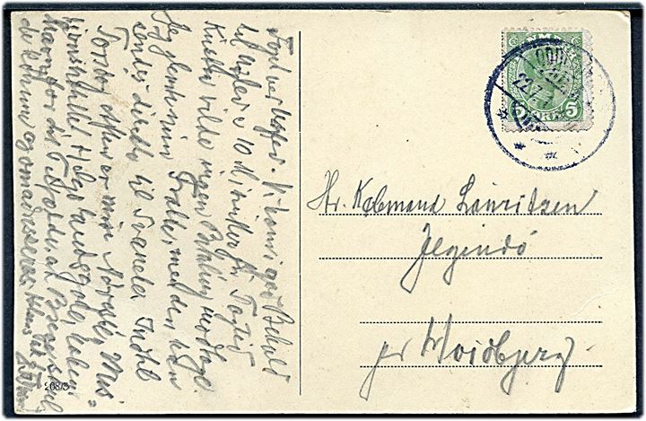 5 øre Chr. X på brevkort annulleret med brotype Ia stempel Oddesund n.S. d. 22.7.191? til Jegindø pr. Hvidbjerg. Sjældent stempel, men i lidt ulden kvalitet.