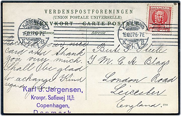 10 øre Fr. VIII med perfin M. (Firma Otto Mønsted) på brevkort fra Kjøbenhavn d. 16.10.1907 til Leicester, England.