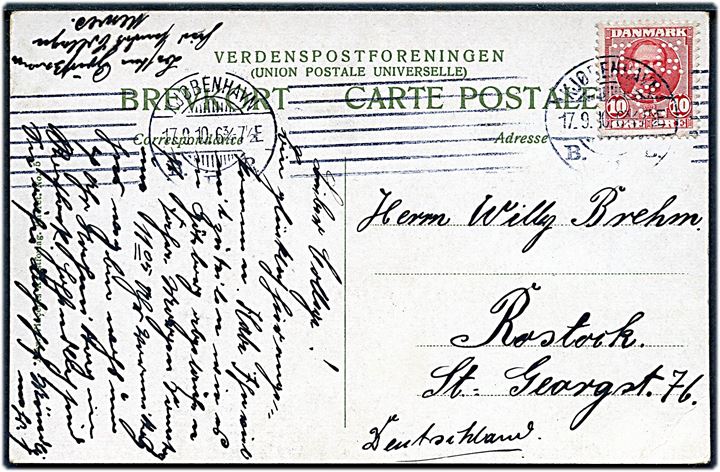 10 øre Fr. VIII med perfin L.C.G. (firma L. C. Glad & Co. A/S) på brevkort fra Kjøbenhavn d. 17.9.1910 til Rostock, Tyskland.