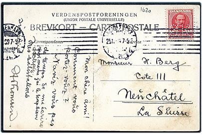 10 øre Fr. VIII med perfin Ø.K. (Østasiatisk Kompagni) på brevkort fra Kjøbenhavn d. 25.11.1909 til Neuchatel, Schweiz.
