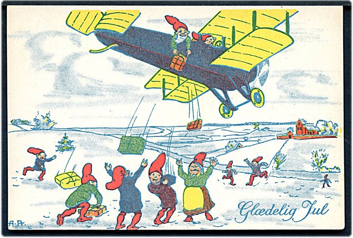 Nisser nedkaster julegaver fra flyvemaskine. Signeret A.A. E.D.f.P.H. no. 3101/7.