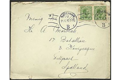5 øre Chr. X (2) på brev fra Kjøbenhavn d. 21.6.1916 til soldat ved 17. Batl. Feltpost, Sjælland.