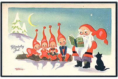 Nisse far fortæller juleeventyr for nissebørnene. Tegnet af Ellis Hansen-Møller. No. 3009.