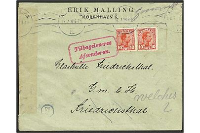 10 øre Chr. X i parstykke på brev fra Kjøbenhavn d. 12.7.1918 til Friedrichsthal, Tyskland. Retur pga. ufuldstændig adresse. Åbnet af tysk censur