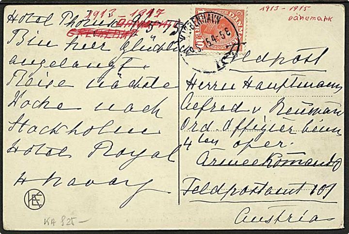 10 øre Chr. X på brevkort fra Kjøbenhavn d. 9.5.1915 til officer i den østrigske arme ved feltpostkontor 107.