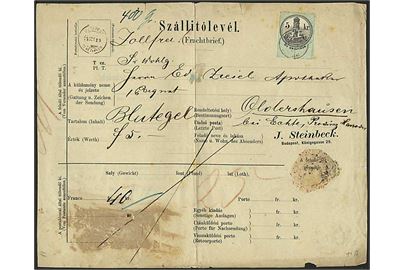 5 kr. stempelmærke på fragtbrev for pakke fra Budapest d. 19.10.1874 til Oldershausen, Tyskland.