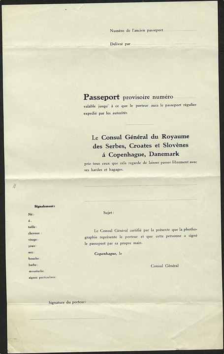 Ubrugt midlertidigt Pas formular fra det kgl. Serbisk, Kroatiske og Slovenske generalkonsulat i København. Ca. 1920.