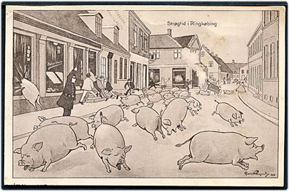 Strøgtid i Ringkøbing. Tegnet af Carl Røgind. N.P. Holm no. 6815.