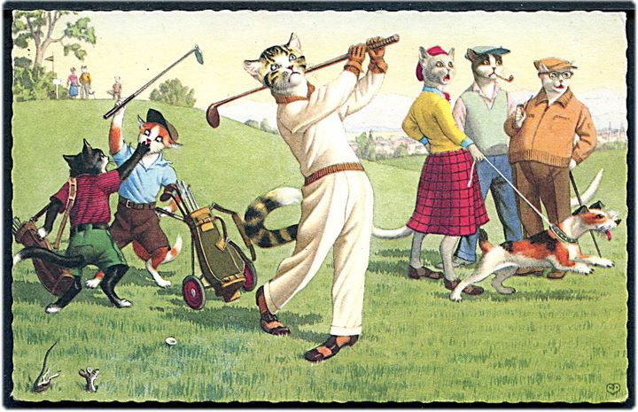 Katte spiller golf. Tegnet kort no. 2262/1.