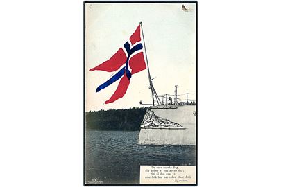 Det Norske flag på bagenden af krigsskib med digt af Bjørnstjerne Bjørnson. Du rene Norske flag...... B.M. Schønbergs no. 115. 