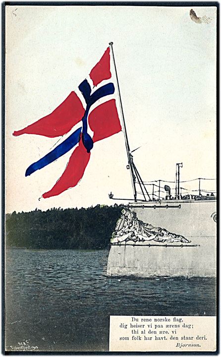 Det Norske flag på bagenden af krigsskib med digt af Bjørnstjerne Bjørnson. Du rene Norske flag...... B.M. Schønbergs no. 115. 