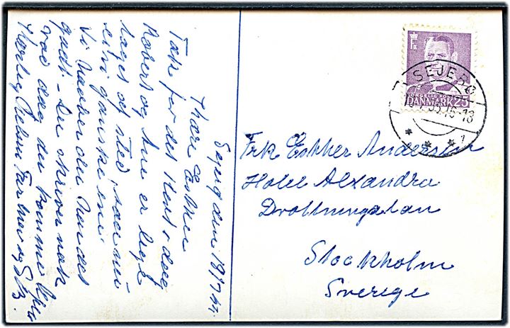Sejerø. Fotokort u/no. Brugt med 25 øre Fr. d. IX stemplet Sejerø, Bro IIc, d. 18.7.1955, sendt til Sverige. 