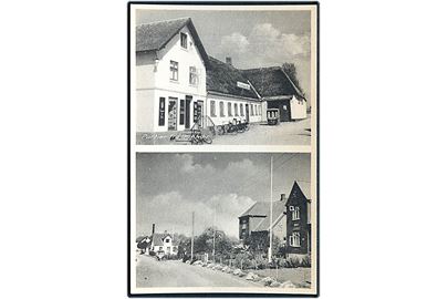 Dunkær med Købmanden, Kroen og Gadeparti. P. Andersen no. 19836-37.