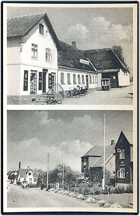 Dunkær med Købmanden, Kroen og Gadeparti. P. Andersen no. 19836-37.