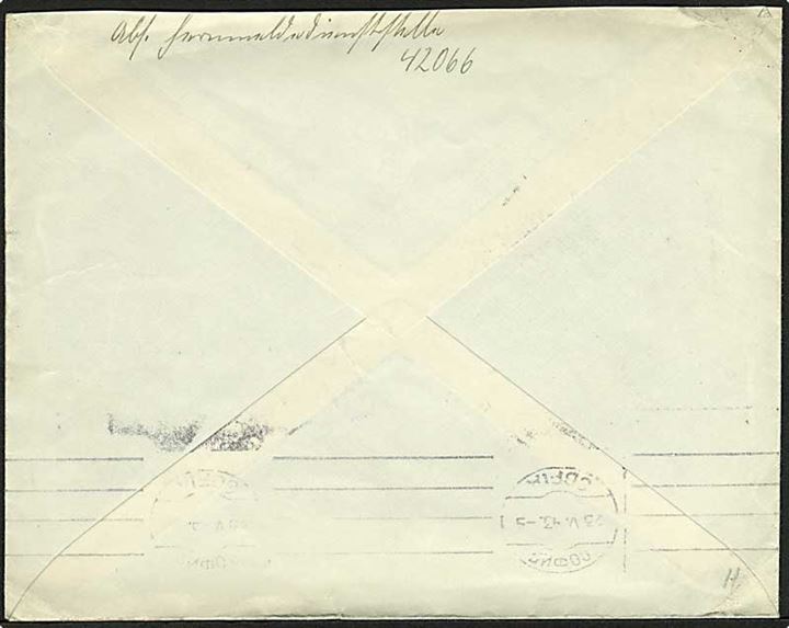 Ufrankeret brev påskrevet Service Postale stemplet d. 22.5.1943 til Sofia. På bagsiden tysk feltpost afsender: Fernmeldedienststelle 42066 = Fernleitungssachbearbeiter Südost.