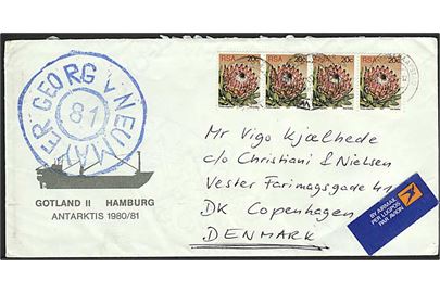 Sydafrika 20 c. (4) på fortrykt brev fra skibet Gotland II / Antarktis 1980/81 med svagt stempel Capetown til København, Danmark. Primitivt stempel fra den tyske antarktiske station George v. Neumayer. Brugsbrev. 