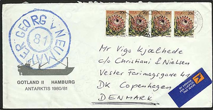 Sydafrika 20 c. (4) på fortrykt brev fra skibet Gotland II / Antarktis 1980/81 med svagt stempel Capetown til København, Danmark. Primitivt stempel fra den tyske antarktiske station George v. Neumayer. Brugsbrev. 